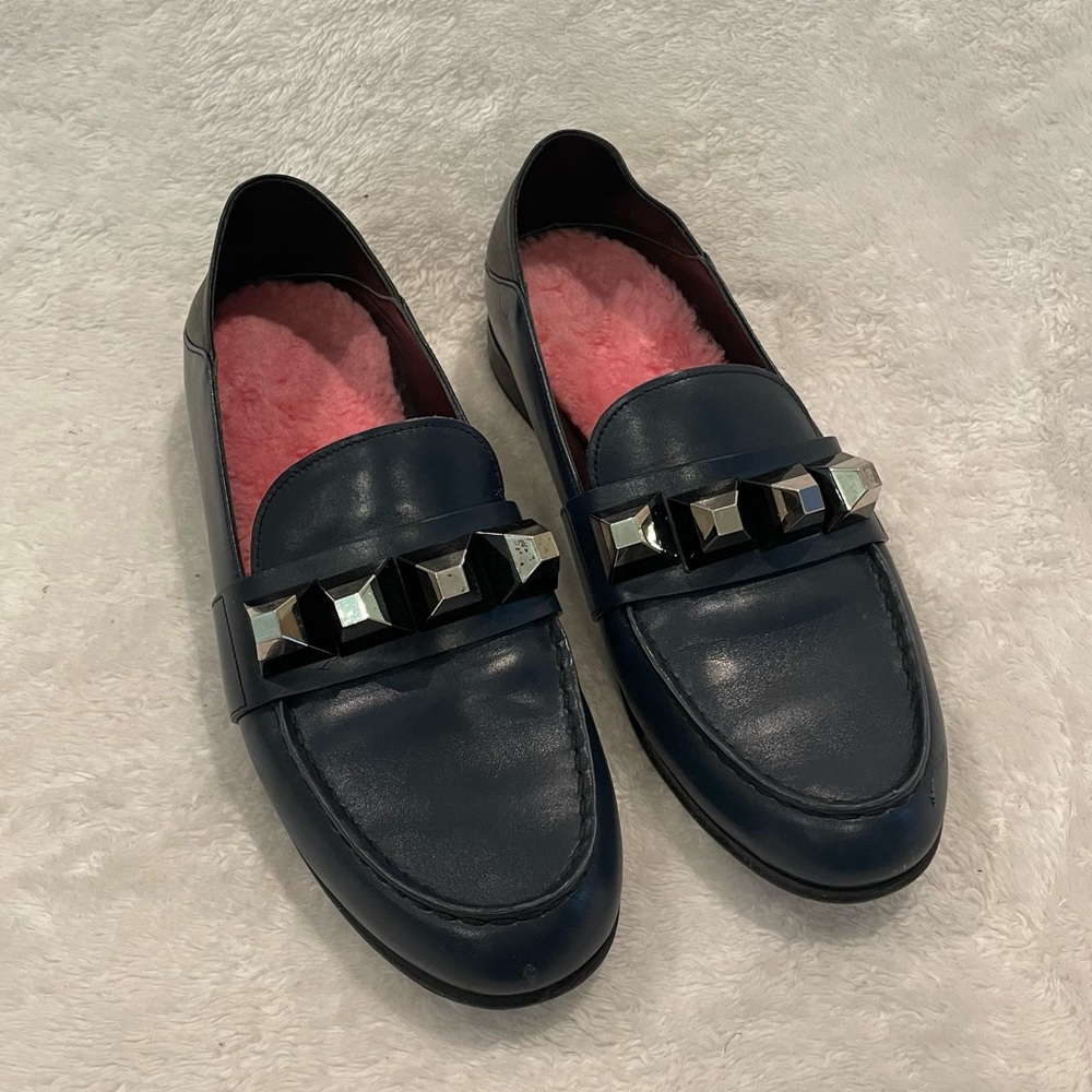 Fendi Studded Fur Lined Collapsible Mule Loafer Navy Blue